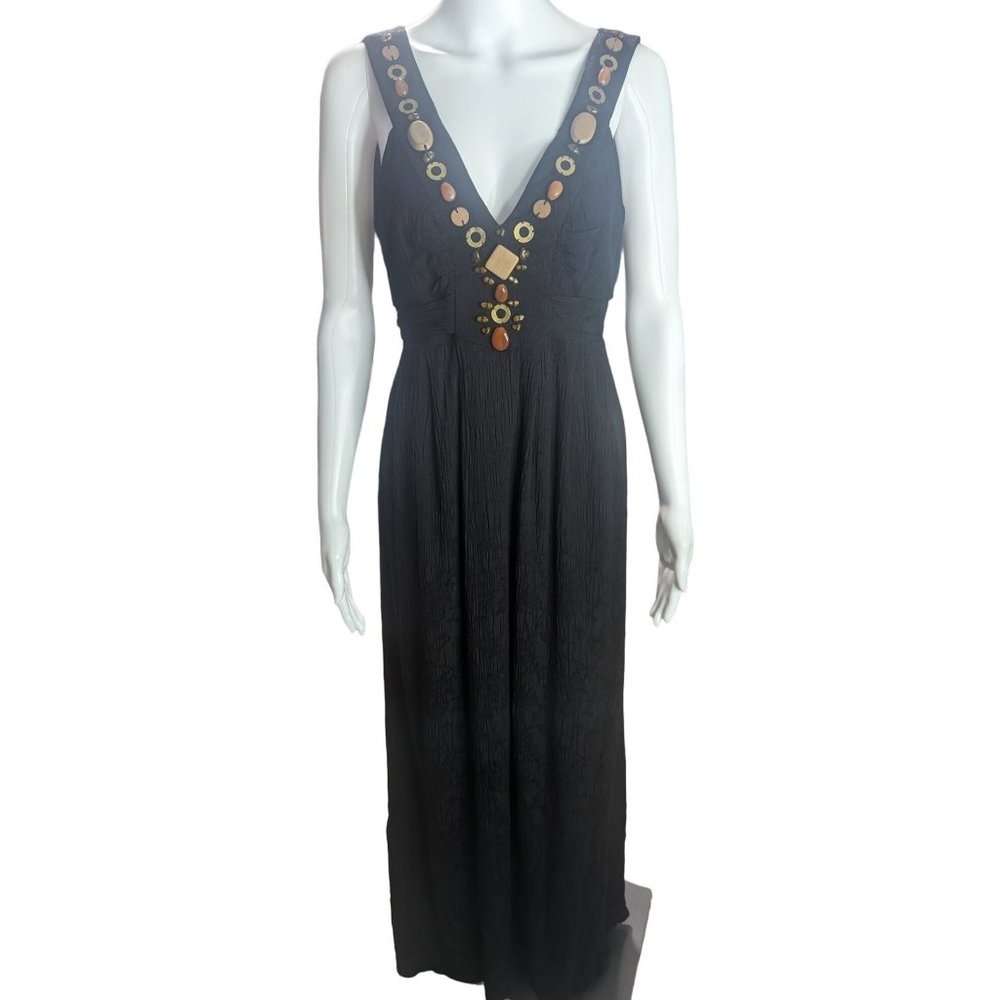 Jax Black Maxi Dress Beaded Boho Embellishments Flowy Tie Waist V Neck sz 10